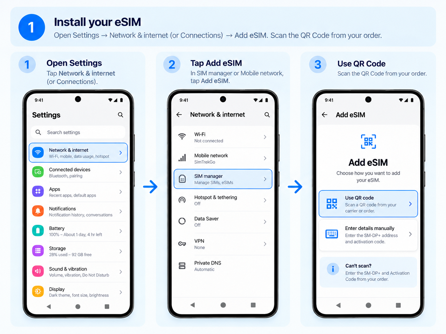 Android eSIM QR code installation step