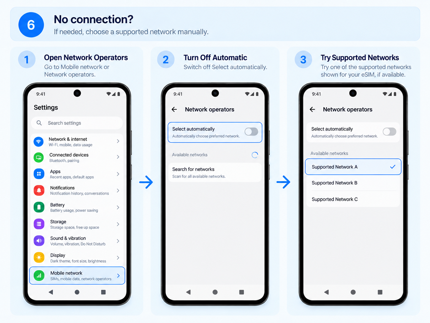 Android Network Selection troubleshooting step
