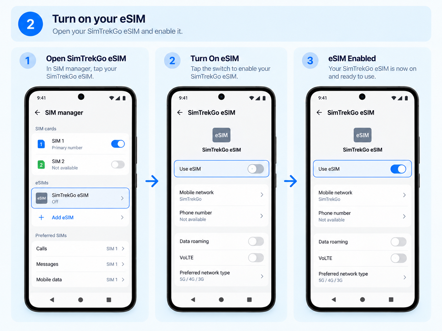 Android turn on eSIM settings step